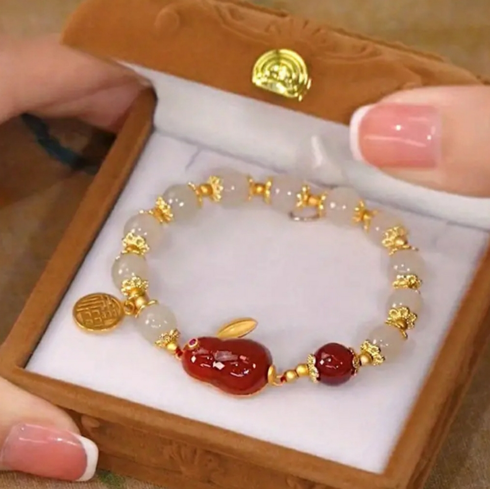 NEW Chinese Lucky Rabbit Stretch Beaded Bracelet White Red Gold